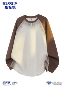 เสื้อฮู้ดคอกลมแขนยาวทรงหลวมสไตล์ย้อนยุคสำหรับผู้ชาย WASSUP BIKK เสื้อยืดคอกลมแขนยาวลายพิมพ์ลายวินเทจแบบสวมหัว