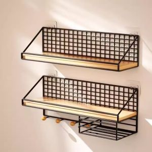 Non-drilling Wall Shelf Bedside Wooden Board Bookshelf Storage Rack