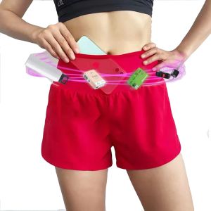 (S-XL)Wrap Around Mesh Pockets Women Yoga Shorts with Zipper Pocket Running Shorts 2 in 1 Ladies Gym Fitness Short Pants