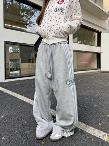 ATKFY American Retro Drawstring Letter Print Sweatpants Loose Straight Leg Casual Trousers for Men And Women High Waist Long Pants