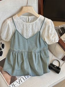 Áo Sơ Mi Ren Tay Ngắn Mùa Hè Phong Cách Hàn Quốc Cho Nữ Áo Sơ Mi Denim Dây Đeo Áo Hai Mảnh Áo Khoác Ngoài Thường Ngày