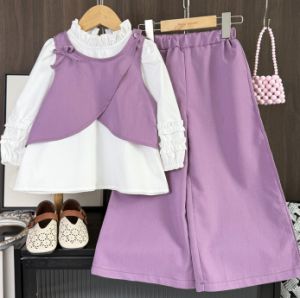 Bear Leader Autumn Korean Version Long Sleeved Ruffle Top + Bow Vest + Pants Three-piece Set Casual Plain Purple Girls Clothes