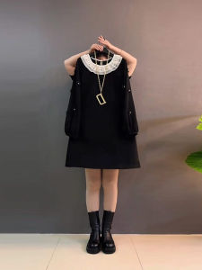 plus Size Lace Collar Beaded Waist Cinching Midi Dress Color Block French Hepburn Style Little Black Dress for plus Size Women
