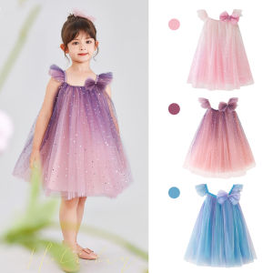 lontakids Kids Girls Mesh Sequin Gradient Summer Dress with Flutter Sleeve Bow Decoration for Birthday School Daily Casual Wear