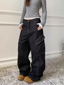 High Waist Loose Fit Wide Leg Workwear Style Loose Pocket Detailing Adjustable Size Retro American Styne Large Sizes Jeans