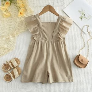 Bear Leader 2024 New Summer Jumpsuits Cotton for Kids Clothing Baby Girls Solid Color Adjustable Flying Sleeves Body Suits 2 3 4 5 6 Years Toddler Childrens Clothes One-Pieces
