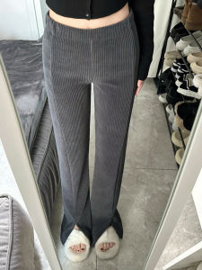 Quần Ống Rộng Cạp Cao Màu Xám Nhung Kẻ Cho Nữ Mùa Xuân Thu Quần Dài Ống Đứng Thường Ngày Cho Phụ Nữ Nhỏ Nhắn