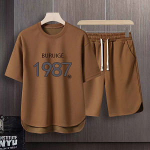 Summer Waffle Ice Silk Leisure Suit Mens Plus Size Short-Sleeved T-shirt Youth Student Loose Shorts Two-piece Set