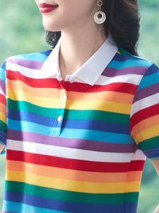 Pure Cotton Summer Western Style Stripes T-Shirt Womens Lapel New Arrival Middle-Aged Ladieswear Plus Size Slimming Youthful-Looking Polo Shirt Tops