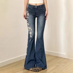 Women Retro Y2k Jeans Baggy Floral Embroidery Jeans Vintage 2000s Low Rise Flared Denim Pants High Street Basic Trousers