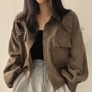 M-XXL Perancis Retro Kemeja Wanita Lengan Panjang Korduroi Dua Saku Jaket Longgar Kerja Kantor Atasan Pendek