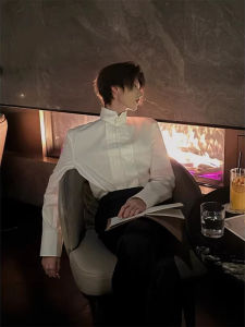 New Chinese Style Mens Long Sleeve Shirt Pad Shoulder French White Design Sensation Cleanfit Shirt Polyester Fiber Autumn Spring