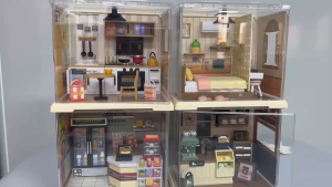 DIY miniature world 3D puzzle coffee shop kitchen store lighting room decoration handcrafted dollhouse with transparent enclosure and detailed accessories