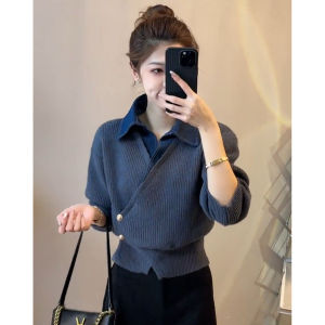 Stylish Niche Style Western Style Youthful-Looking Fake Two-Piece Denim Sweater Womens Autumn and Winter Young French Style Inner Wear Thick Sweater