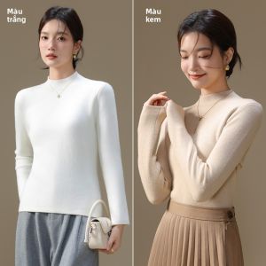 MiiOW | Áo len dệt kim dày màu trắng cổ cao có lót lông cừu MiiOW dành cho nữ mùa thu đông phong cách mới Áo len dệt kim dài tay thường