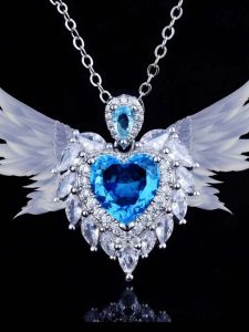 Childrens Heart Shaped Crystal Necklace Angel Wings Pendant Blue Fashion Clavicle Chain Student Birthday Gift Jewelry