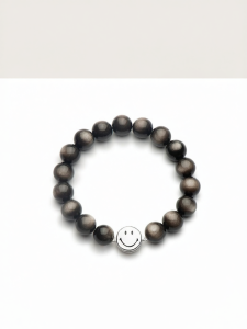 Couples Gift Smiley Face Obsidian & 925 Silver Bracelet