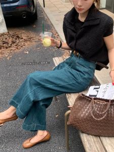 Retro High Waist Wide Leg Jeans Womens Casual Midline Loose Slimming Straight Nine Point Grandmother Pants Blue Denim