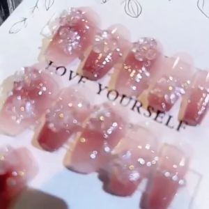 YADORNOS 24Pcs Seni Kuku Merah Muda Mutiara Bunga - Kuku Segar Kecil Bunga 3D Glitter Simfoni - Buatan Tangan Murni - Dapat Dilepas dan Digunakan Kembali