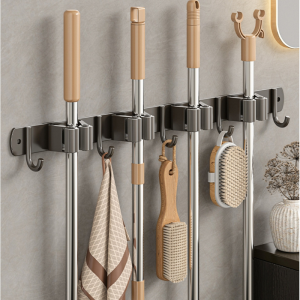 Stainless Steel Mop Broom Holder With Hooks Wall Mounted Mop and Broom Organizer Storage Rack For Bathroom Kitchen Accessories