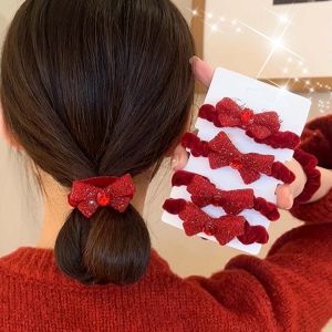 4PCS Sweet Red Rhinestone Bow Elastic Scrunchies Hair Ties Women Girls Fashion Ponytail Holder Rubber Hair Bands Headwear New Year Gifts