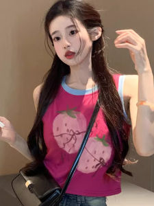 chaqi | Dopamine Fashion Cartoon Strawberry Print Vest Red