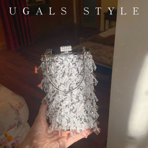 UGALS Metal Retro Crystal Fringe Handbag Pearl Chain Dinner Party Mobile Lipstick Crossbody Small Bucket Bag Ladies Purse