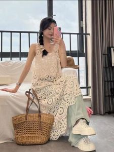Elegant Hollow out Long Midi Dress Floral Mist Fashion Slimming Ageless Shoulderless V-neck Cotton Polyester Spring Autumn
