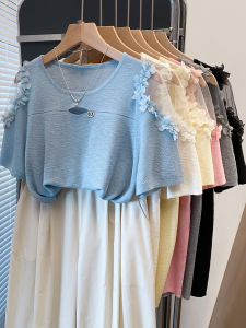 WANGGONGZHU | Ruffle Sleeve Lace Knit Top Women Summer Thin New Fashion Short Sleeve Round Neck T-Shirt Loose Slimming Casual Style