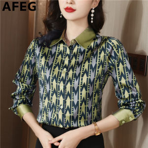 AFEG new Korean version of shirt collar fashion loose temperament real silk satin printed long-sleeved blouse for women