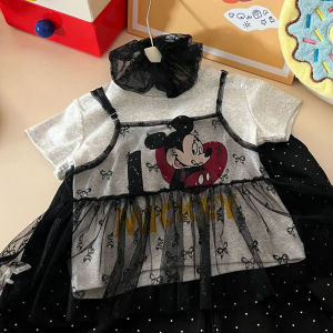 Korean Style Girls Summer Outfit 3pcs Anti-Mosquito Cotton Polyester Blend Short Sleeve T-Shirt with Suspenders Cartoon Print