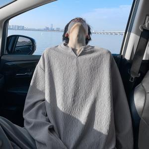 Loose Long Sleeve Basic Solid Color Texture Mens T-shirt V-neck Autumn Fashion plus Size Casual Polyester Fiber Inner Wear