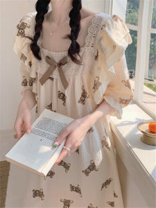 Váy Ngủ Cotton Mùa Hè Phong Cách Công Chúa Ngắn Tay Mỏng Bằng Vải Lanh Cotton Len Trung Bình Dài Vừa Phải Mặc Nhà