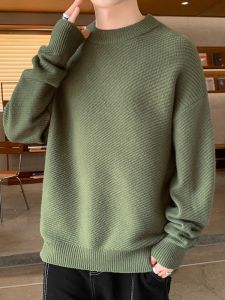 ROMON | Lormen Mens Thickened Round Neck Knitted Sweater Fashionable Solid Color Winter Warm Inner Wear Casual Loose Fit Knitwear