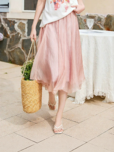 XIANGYING | A-Line Irregular Silhouette Chiffon Skirt Pink