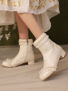 Girls Martin Boots Autumn Winter High Heels Children Performance Shoes Short White Boots for Little Girls Matching Hanfu Cheongsam