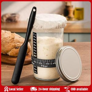 1000ml Sourdough Starter Jar Clear Glass Sourdough Starter Jar Kit Wide Mouth with Lid Baking Fermentation Jar Food Storage Sourdough Starter Jar Kit with Stainless Steel Lid Spatula Feeding Band and Scale Sourdough Starter Container for Baking