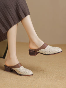 Genuine Leather Roman Style Semi Slippers for Women Summer New Fashion mid Heel Outdoor Wearable Open Toe Sandals