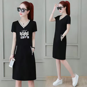 Summer New plus Size T-Shirt Dress Pure Cotton Midi Korean Style V-Neck Short Sleeve Splice Print Slimming Fashionable Dress