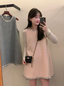 Dongda Gate Retro Heavy Industry round Neck Sequin Patchwork Sleeveless Vest Dress High Waist A-Line Short Skirt Long Sleeve