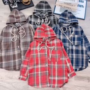 Áo sơ mi chống nắng kẻ thô bé trai bé gái áo chống tia uv có mũ form rộng áo khoác ngoài cho bé áo cho bé