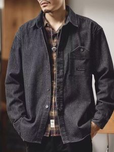Denim Shirt Mens Long Sleeves Spring and Autumn Stripes Loose American Casual Shirt Youth Retro Simple Coat Mens Fashion