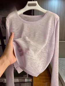 Spring Autumn Thin Loose Long Sleeve T-Shirt Pure Color Short Top Summer Korean Style Purple Ice Silk Knitted Sunshade Cover up Women