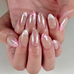 10pcs Handmade Pink Polka Dot French Press On Nails Almond Short Sweet Cute Fake Nails Nude Base Decor False Nail
