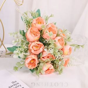 Buket Bunga Buatan Peony Sutra Merah Muda Mawar 30Cm 6 Garpu Bunga Palsu BG140