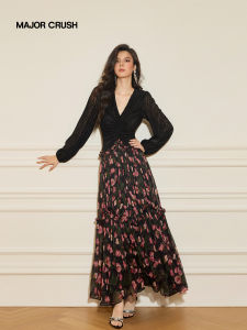 French Lace Spliced and Crabapple Print Black Dress