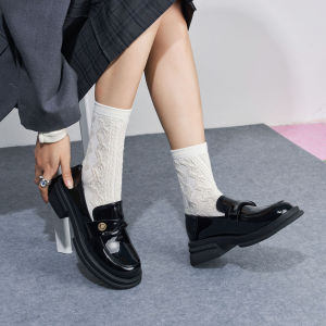 Fashionable Black Leather Loafers Womens Autumn Winter Thick Bottom Versatile Comfortable Rubber Sole round Toe Casual Shoes