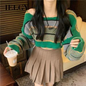 IELGY sweater womens lazy style color matching striped short pullover elegant long-sleeved knitted top
