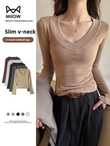 miiow | Slim Fit Ladies V-Neck Long Sleeve Knitted T-Shirt Casual Style Base Layer Top Spring Autumn New Arrival Cat Woman MiiOW