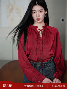 Silk Satin Surface Wooden Edge Ear White Shirt French High-End Sensation Simplicity Straight Tube Long Sleeve Pure Color Polyester Fiber